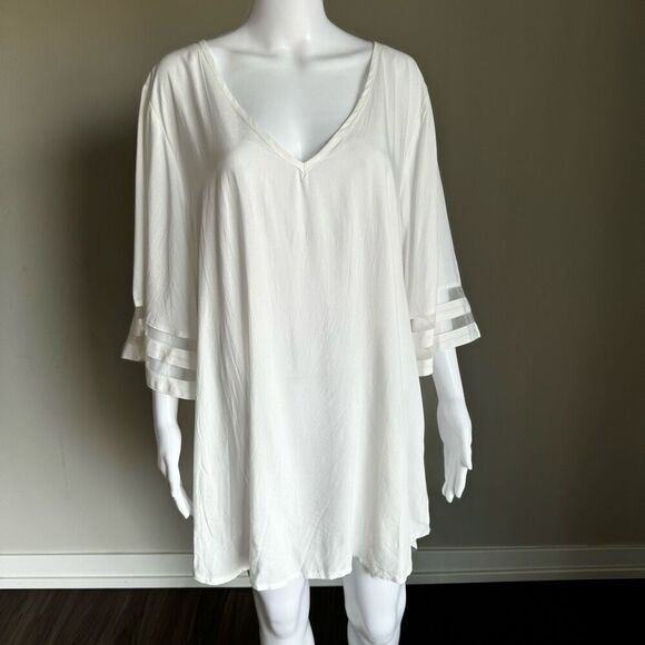 White Belle Sleeve V-Neck Chiffon/Rayon Beach Cover-Up XL - Picture 2 of 7